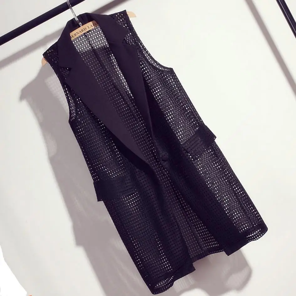 Women falsePocket Long Vest Coat plus size M-4XL Elegant Office Suits Sleeveless Jacket Female Waistcoat Colete Feminino