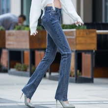 Осень зима новые длинные джинсы женские прямые брюки колледж Ветер платье с открытыми плечами большой размер свободные джинсы женские