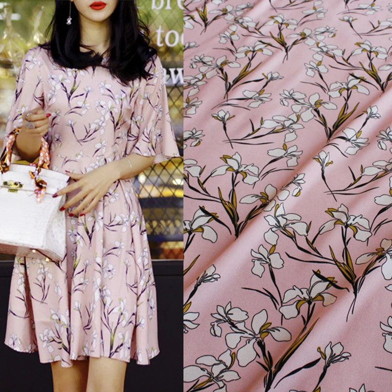 

145x100cm Imported Pink Iris Flower Stretch Fabric for Women beach Dress, Scarves, Curtains,Shirts Sewing Patchwork Upholstery