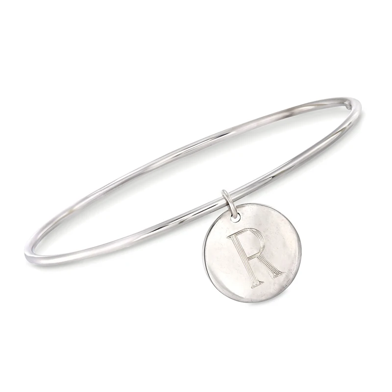 

Personalised Silver Charm Bangle Letter Initials Sterling Hammered Bracelet Alphabet Tags Valentine's Day Love