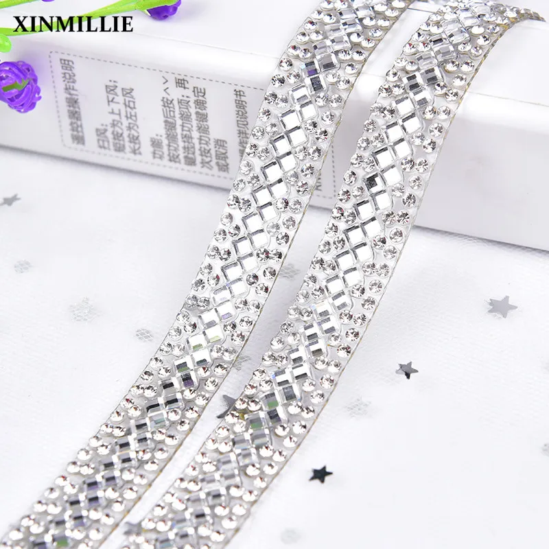 

2yard/Lot Hotfix Rhinestone Trim Clear Crystal Ribbon 1.2cm Width Strass Chain Tape Fabric Applique Banding For Wedding Dress