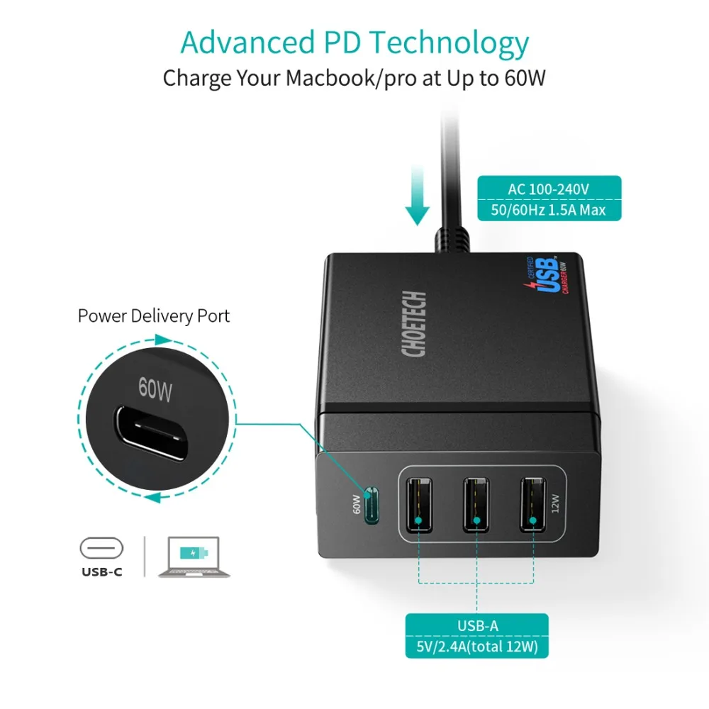 CHOETECH Usb Multi cargador USB C 72W 4 Puerto USB tipo C de la policía de la estación de cargador 