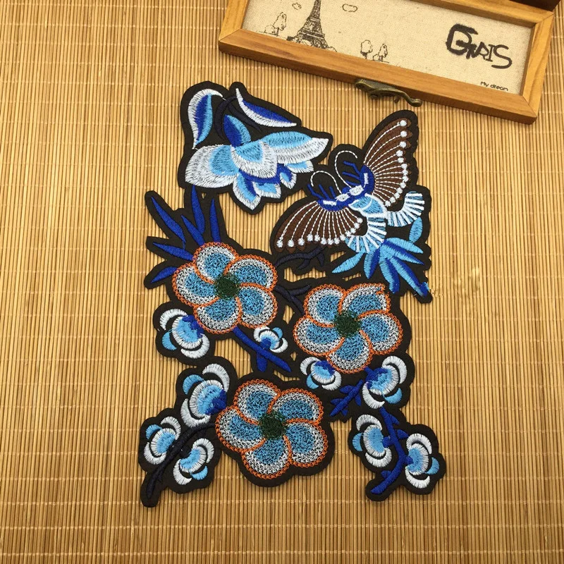 

Blue Butterfly flower embroidered patches patch applique sweater clothing decoration patches for clothes parches para la ropa
