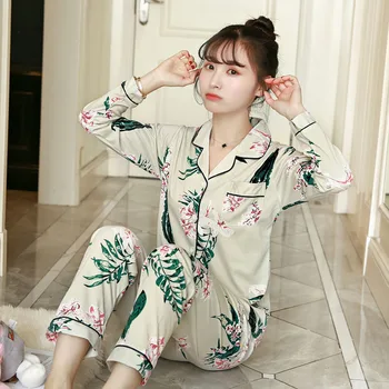 

2019 Spring Cotton Floral Print Pajama Sets for Women Long Sleeve Sleepwear Pyjama Loungewear Homewear Pijama Mujer Home Clothes