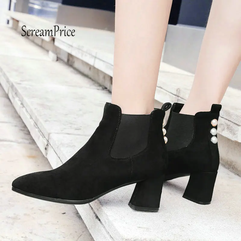 

Flock Chunky High Heel Chelsea Boots Fashion Pointed Toe Rivet Winter Women Ankle Boots Black