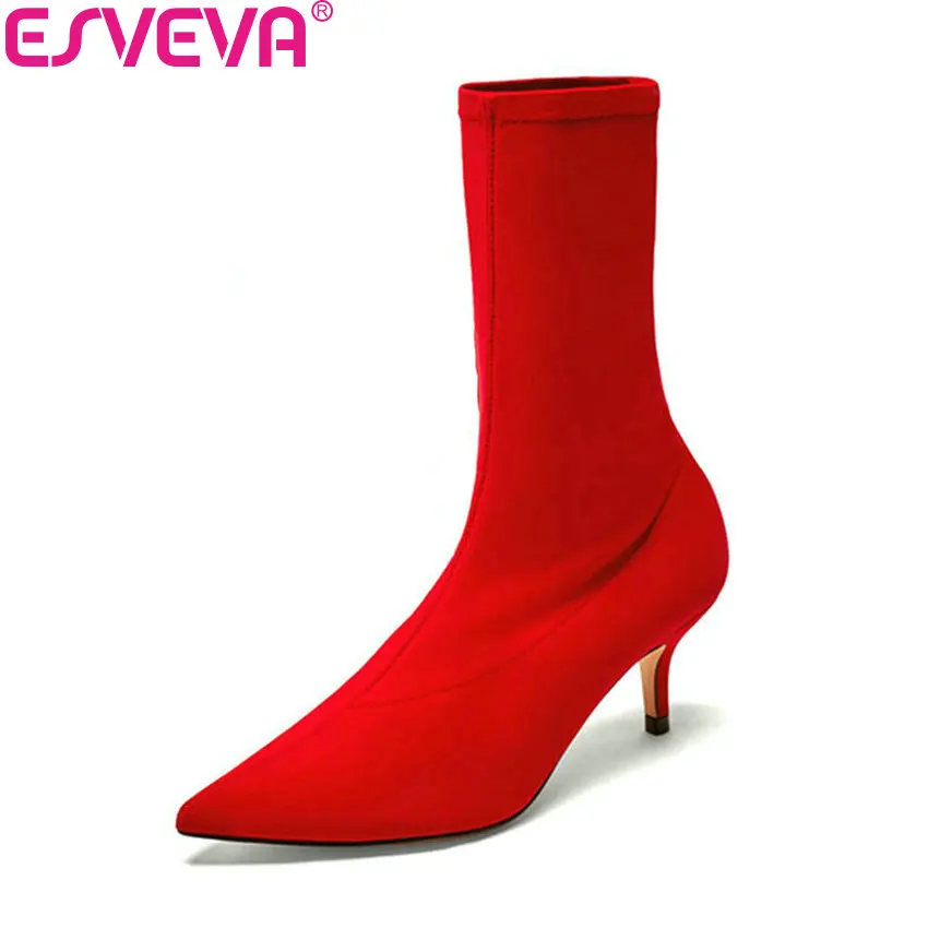 

ESVEVA 2019 Women Boots Sexy Thin High Heel Mid-calf Boots Pointed Toe High Quality Sewing Spring Slip on Boots Woman Size 34-43