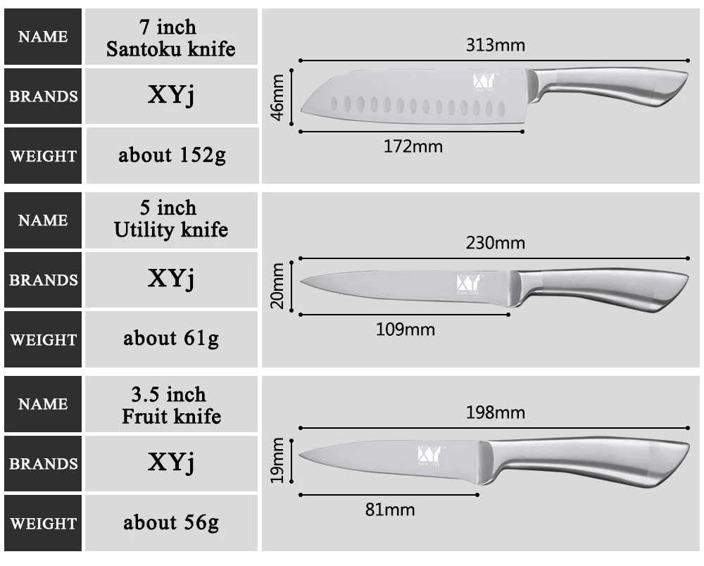 XYj 7cr17 набор кухонных ножей из нержавеющей стали, фруктовый нож Santoku, нож для нарезки хлеба, нож для приготовления пищи, цельные ножи