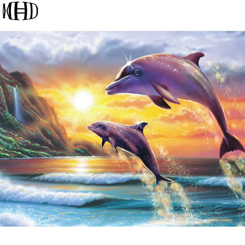 

MHD Full 3D Diamond Embroidery Sunset 2 Dolphin Icon Diamond Painting Round Rhinestone Mosaic Stitching Cross Stitch Crafts