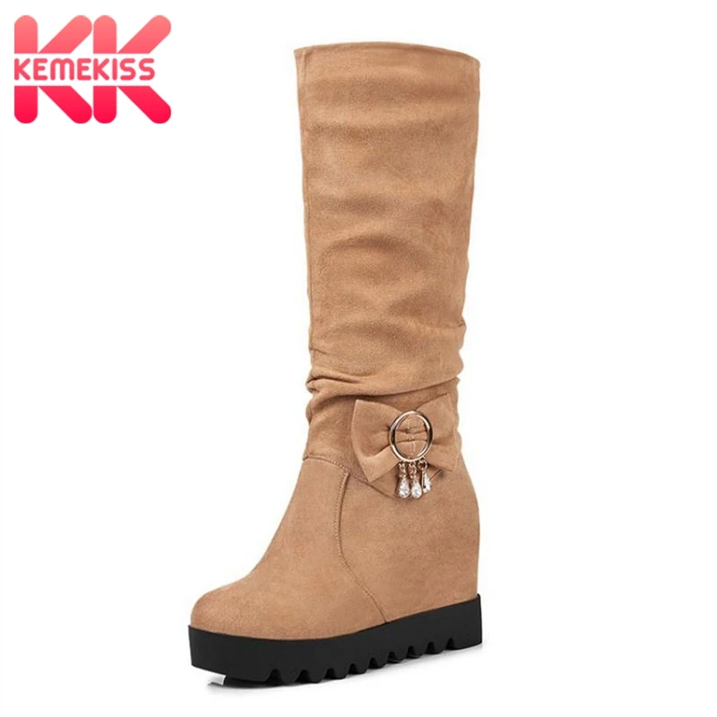 

KemeKiss Size 30-43 Women Knee High Boots Thick Bottom Warm Fur Shoes Woman Bowknot High Heels Boots Round Toe Winter Shoes