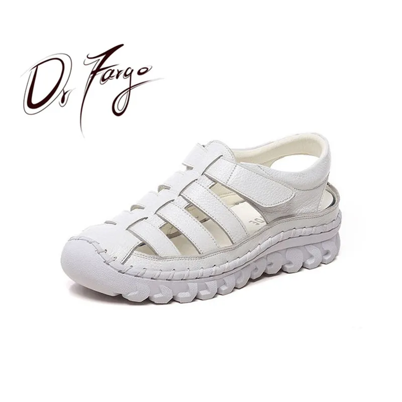 DRFARGO Women Sandals 2019 Summer Shoes Genuine Leather Covered Toe Soft Casual Walking Zapatos Mujer Plataforma big size 41 43