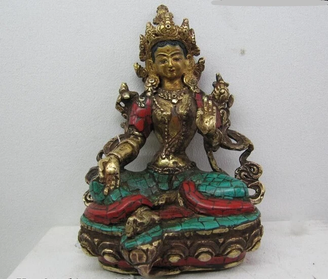 

shitou 001493 6 Tibet Pure Bronze inlay beryl turquoise coral Green TaRa GuanYin Buddha Statue