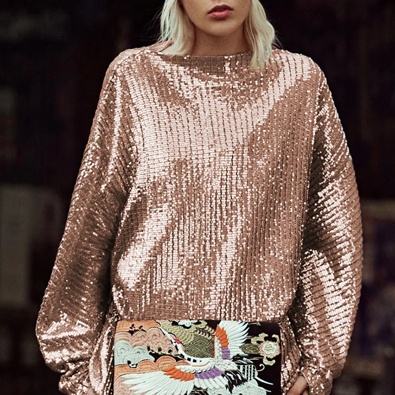 

High quality 2018 new fashion gold sequin embroidery woven word collar lantern sleeve casual loose women sweater