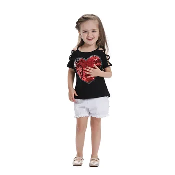 

Little Girls Spring and Summer 2019 Tide Fan Double Color Love Sequins Letter Cotton T-Shirt Short Sleeve Top