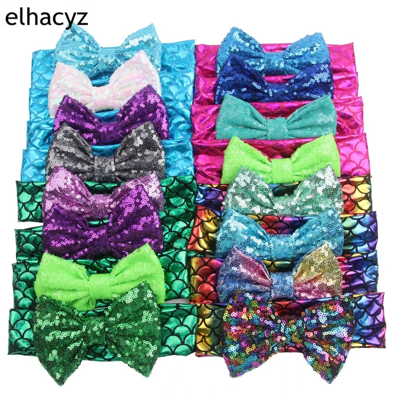 

Party Chic Kids Girl 5" Messy Sequins Bows Mermaid Elastic Headband Trendy DIY Hair Accessories For Kids Headwrap Headwear