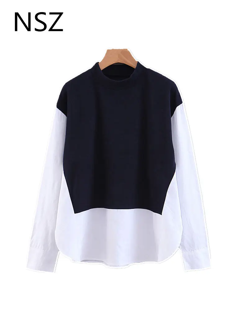 

NSZ Women White patchwork Blue Shirt Round Collar Side Split Loose Casual Tee Shirts Long Sleeve Ladies Top Camiseta mujer