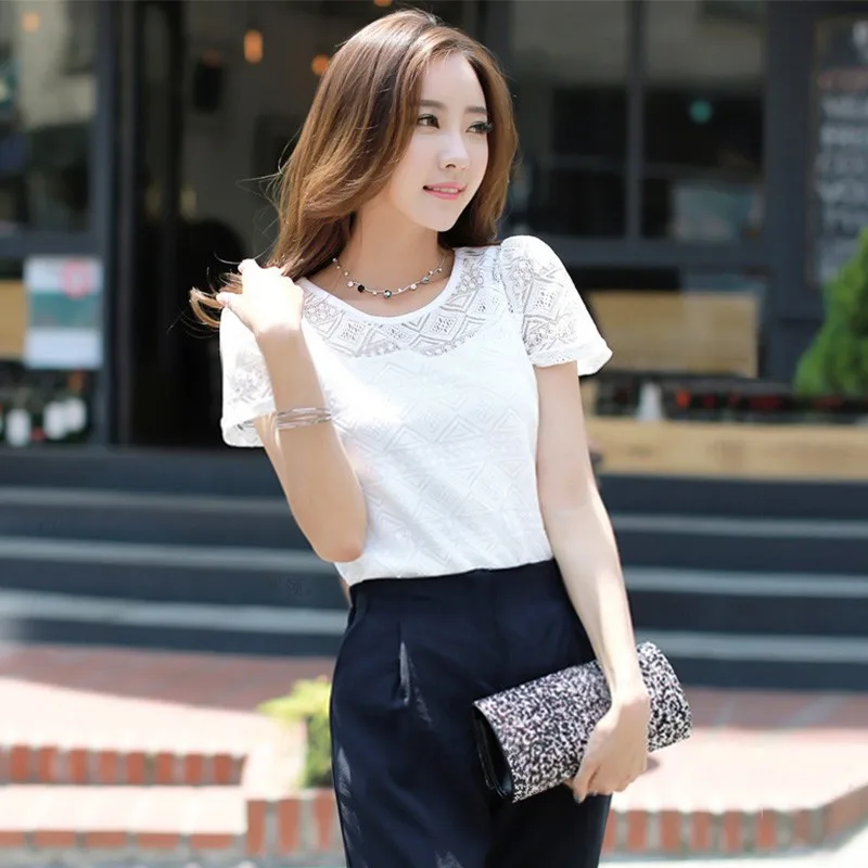 

2019 Summer Women White Elegant Lace Blouse Female Chiffon Shirts Tops Short Sleeve Blouses Hook Flowers Hollow Process vadim*