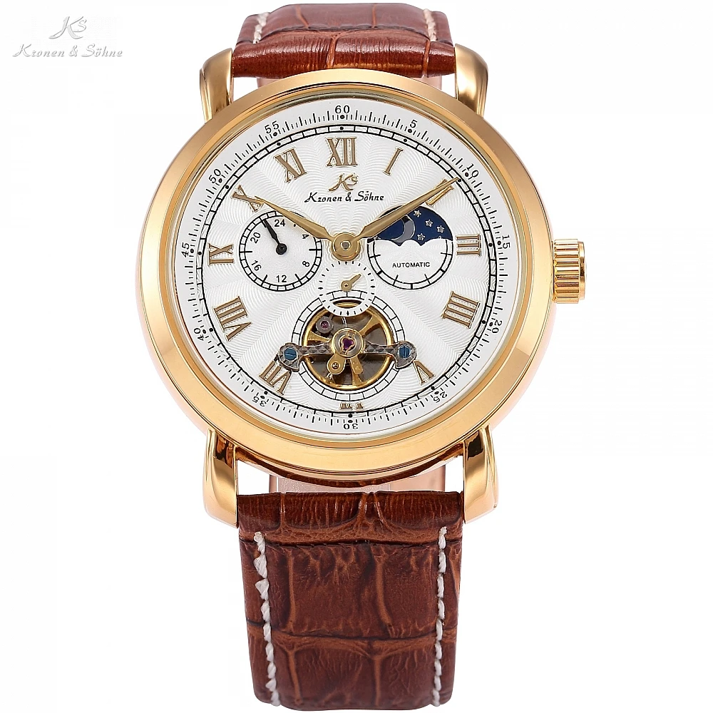 الملاح KS الذهبي حالة التلقائي الذاتي الرياح الشمس القمر يوم ليلة عرض حلقة من جلد الرجال ساعات آلية/KS220 الملاح KS الذهبي حالة التلقائي الذاتي الرياح الشمس القمر يوم ليلة عرض حلقة من جلد الرجال ساعات آلية/KS220