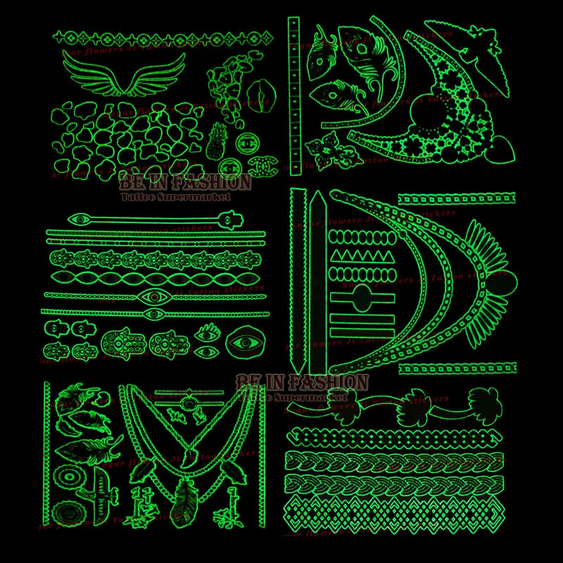 

12pcs/lot Glow in the Dark Luminous Flash Temporary Tattoo Sticker sheets gold metal Waterproof Tatoo fluorescent tattoos 2018