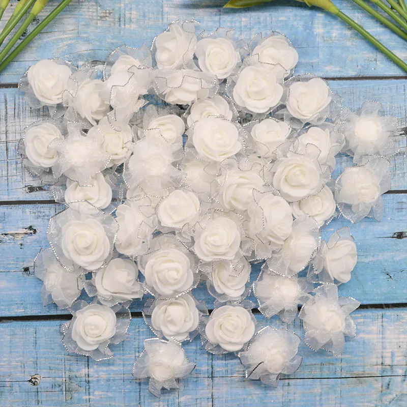 3cm Mini Rose Artificial Flower For Wedding Party home decorating fake foam flower lace decorative silk flowers head white beige