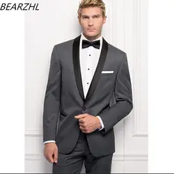 Заказ костюм смокинг жениха серый на заказ костюмы мужчин блестящий черный воротник Slim Fit Мужчины костюм 2016