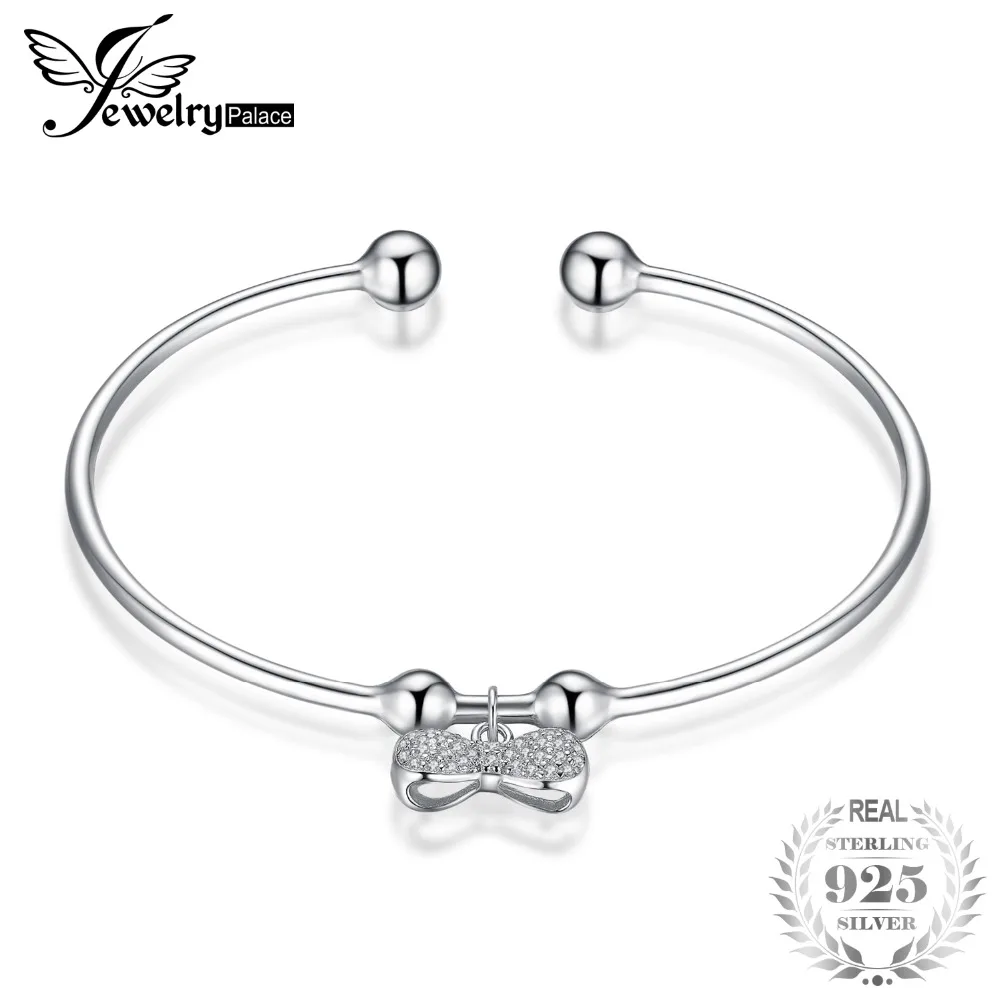 

JewelryPalace Dangle Charm Bowknot 0.3ct Pave Cubic Zirconia Adjustable Cuff Bracelet Bangles 925 Sterling Silver Trendy Jewelry