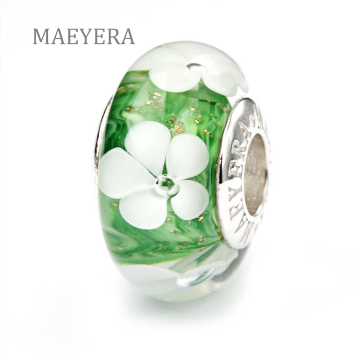 

MAEYERA Authentic 925 Sterling Silver Green Base White Flowers Murano Glass Beads Charm gift DIY Jewelry 920169