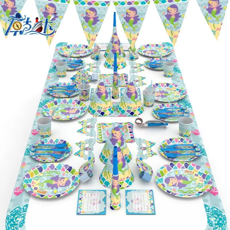 

New Little Mermaid Theme Disposable Tableware Sets For Kids Happy Birthday Party Decorations Plates Cups Napkins Party Supplies