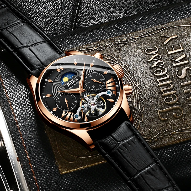 أعلى العلامة التجارية الفاخرة الأعمال حزام من الجلد الساعات التلقائي ساعة الرجال توربيون للماء الميكانيكية ووتش Relogio Masculino