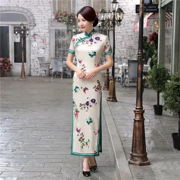 

Vintage Print Chinese National Style Long Dress New Brand Women's Satin Long Cheongsam Sexy Slim Qipao Flowers S M L XL XXL