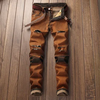 

2019 New Stretch Men's Hole jeans Men's Yellow black Personality cut Broken youth pants tide Straight Large size Casual trousers