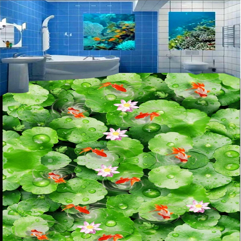 

beibehang Large custom flooring lotus leaf pond pond kimura water nine fish picture bathroom bedroom 3D thickened floor