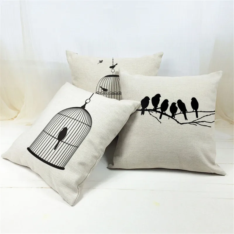 

18" x 18" Soft Linen Cotton Pillow Case Tower Bird Cage Silhouette bird Keep Calm Pattern Sofa Decor Cushion Cover Unique Gift