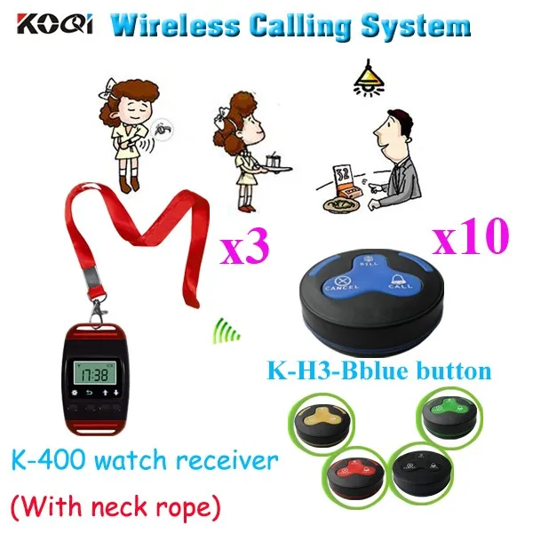 K-400+K-H3-bblue 3+10 Table Buzzer Calling System Electronic Wireless Waiter Call Button Systems Waterproof ( 3pcs watch & 10pcs call button)