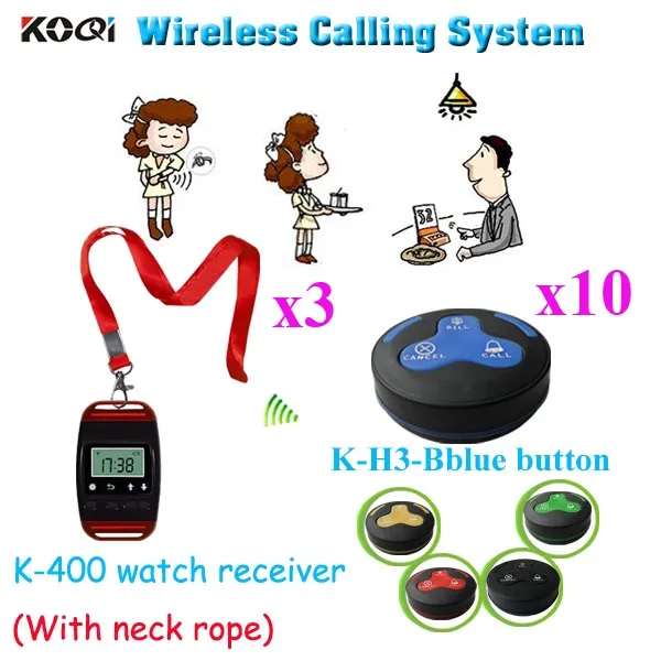 K-400+K-H3-bblue 3+10 Restaurant Buzzer System New Arrive Table Service Call Button Restaurant Equipment( 3pcs watch & 10pcs call button)