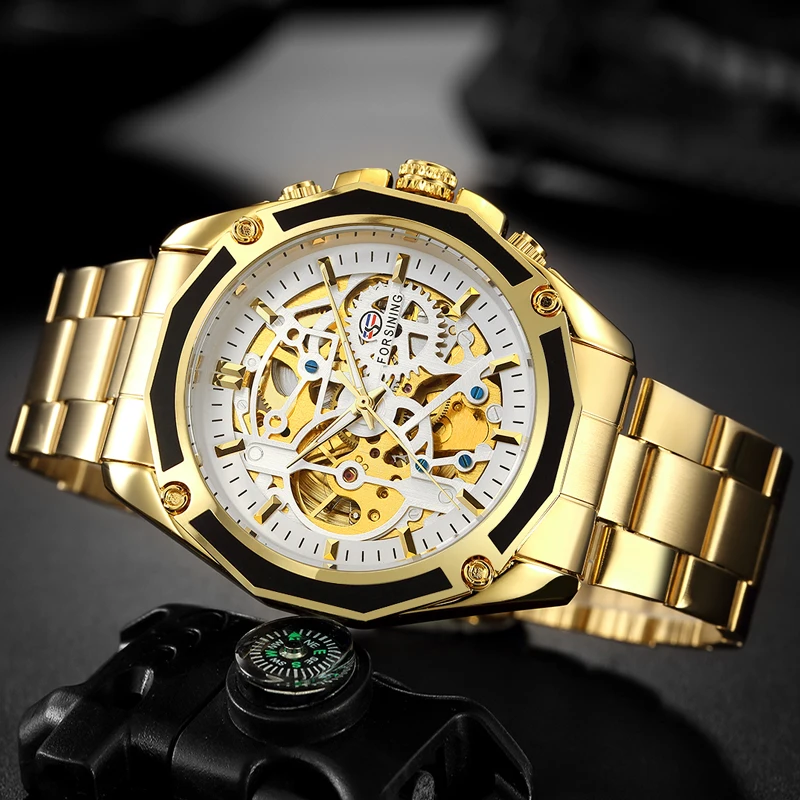 

FORSINING Men Sport Mechanical Watch Mens Stainless Steel Gold Watches Man Self Winding Skeleton Wristwatch Relogio Masculino