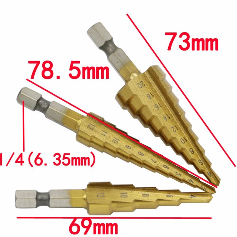 QUK Step Drill Bits Set 3-12mm 4-12mm 4-20mm 3pcsset Titanium HSS High Speed Wood Metal Drilling Power Tool Accessories8