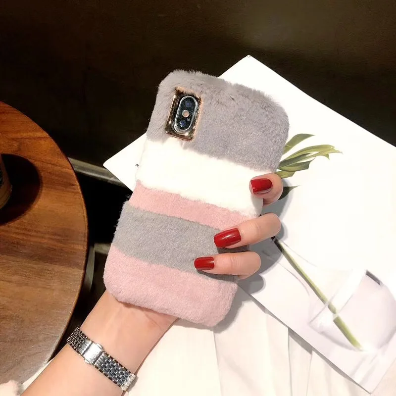 Girl Cute Rabbit Fur Plush Case For iPhone X XS 6S 7 8 Plus Silicone Winter Warm Back Cover Case For iPhone XS Max Fourrure Case (2)
