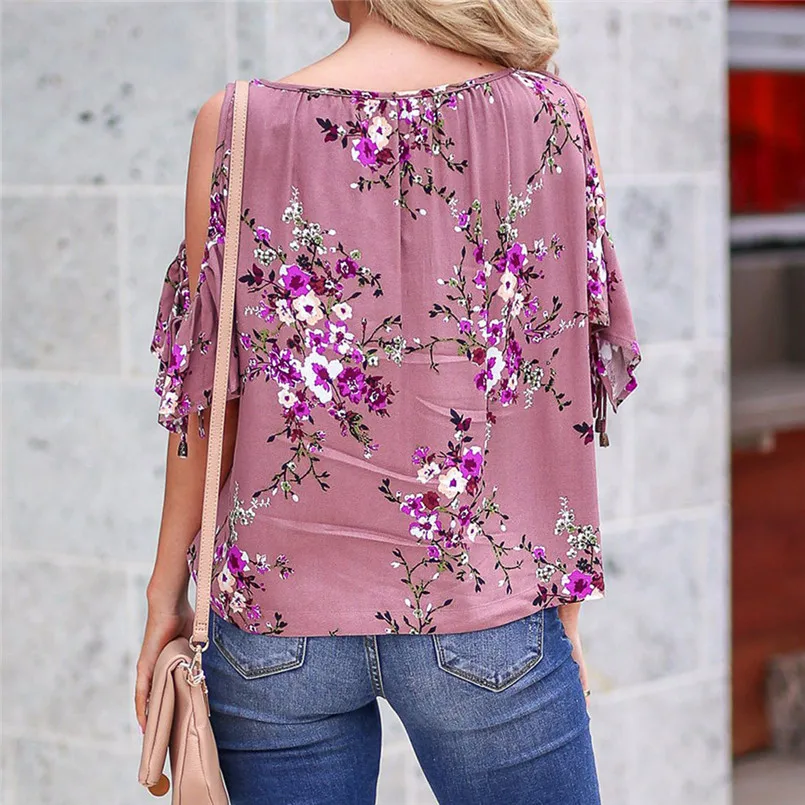 New Women Summer Sexy Fashion Short Sleeve Off Shoulder Floral Print Top Shirt Blouse Vintage Casual Daily Elegant Shirt #4R02 (4)