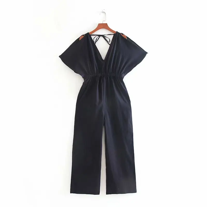 

2019 women sexy deep v neck solid color jumpsuits ladies elastic waist linen calf length pants casual chic rompers P500