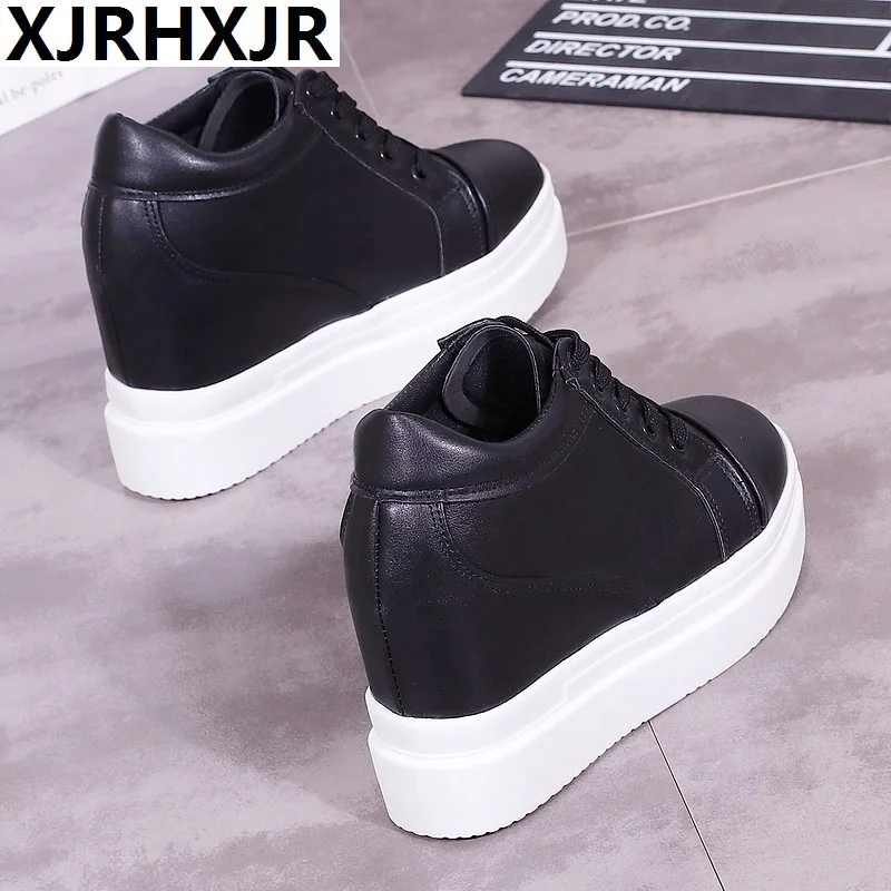 10cm Increase Flat Platform Shoes Female Thick Sole Students Casual Shoes Woman Flats Lace Up Solid White Black Women Shoes