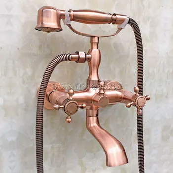 

Antique Red Copper Handheld Shower Head Bath Tub Mixer Tap Wall Mounted Bathroom Dual Cross Handles Faucet Wtf803