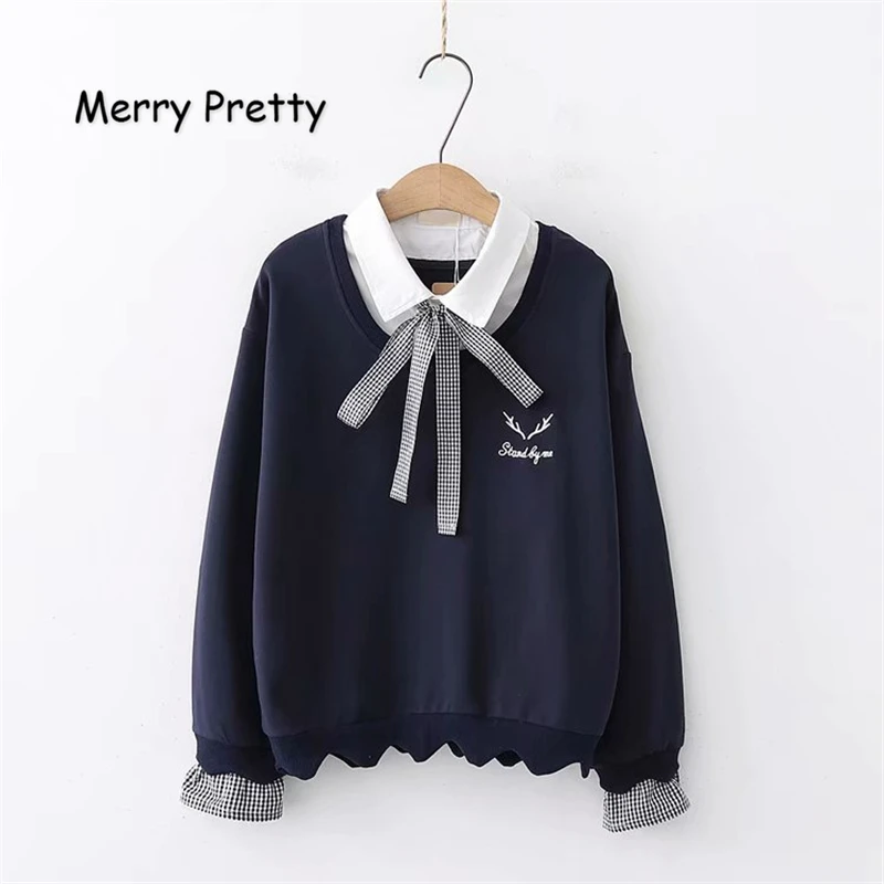 Best Product  MERRY PRETTY Women Letter Embroidery Hoodies 2019 Spring Long Sleeve Turndown Collar Patchwork Swea