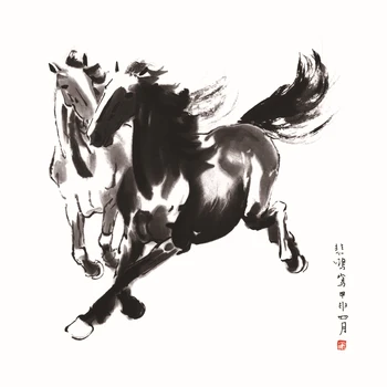 

traditional Chinese painting animal pictures twin horses scenery art painting on canvas giant poster black and white picture art