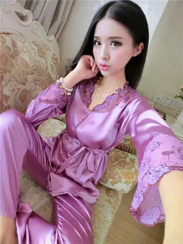 

Purple Champagne Watermelon Pyjamas Female Long Sleeve Sleep Shirt Trousers Silk Satin Pajamas Pants Women Sleepwear Pijama Sets