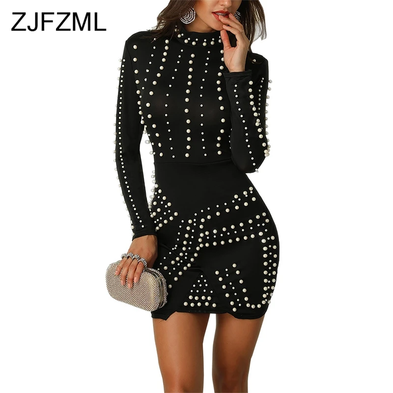 

Long Sleeve Vintage Bandage Mini Dresses Women Beading High Necked Nightclub Party Dress Sexy Black Back Zipper Dress Robe Femme