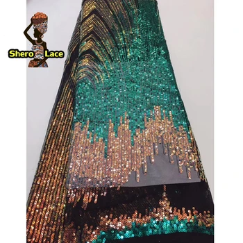 

2019 latest green sequin french lace embroidery african tulle laces fabric with sequins for women dress