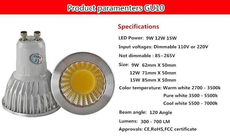 Супер яркий GU10 лампочки dimmable потолочный светильник Теплый/белый 85-265 В 9 Вт 12 Вт 15 Вт GU10 COB лампа Светодиодная GU10 светодиодный прожектор