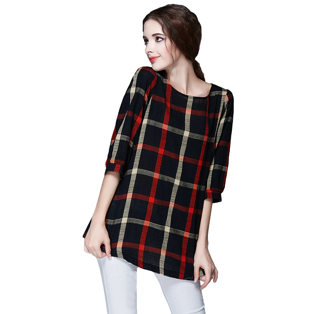 4XL 5XL размера плюс модная женская блузка с круглым вырезом 3/4 клетчатая рубашка