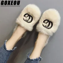 

GOXEOU Womens Winter with Faux Fur Warm Shoes Concise Women Plush Home Slippers Indoor Slippers Woman Brand Slip on Flats Slides