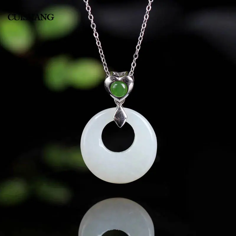 

CSJ Natural Hetian Jade Pendants 925 Sterling Silver Engagement Rings For Women Wedding Party Gift Fine Jewelry